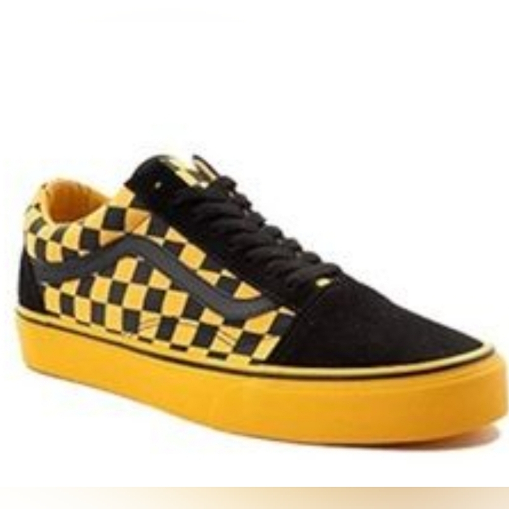 Vans Old Skool Shoes Kids Black Yellow Checkerboard Canvas Suede Sneakers